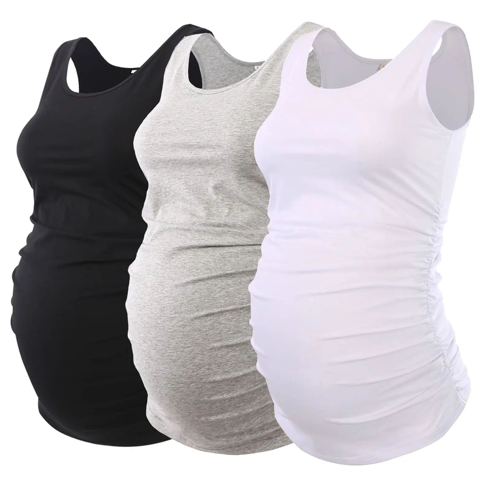 ECAVUS 3 Pack Women's Maternity Tank Tops, Sleeveless Scoop Neck Casual Fit Shirts with Ruched Sides, Rayon Blend Pregnancy Clothes for Layering, Casual Fit Maternity