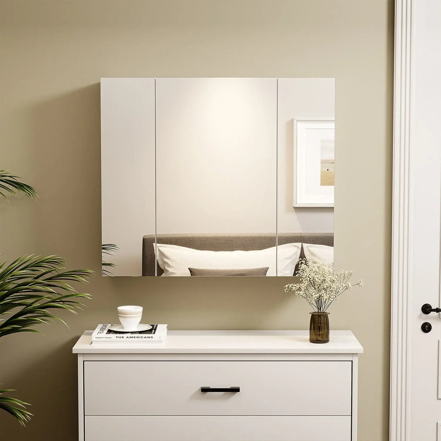 SIKAIC White Wall Mounted Medicine Cabinet with Mirror and Adjustable Shelves, Bathroom Storage Cabinet