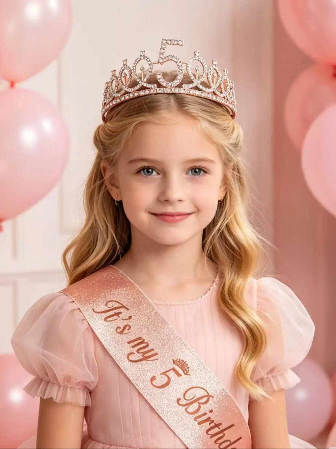 Sparkly Number Birthday Crown & Sash Set, Luxury Rose Gold Rhinestone Princess Tiara, Kids Girls Children Birthday Party Hair Decor Accessory Set Gift, Hair Accessory Set