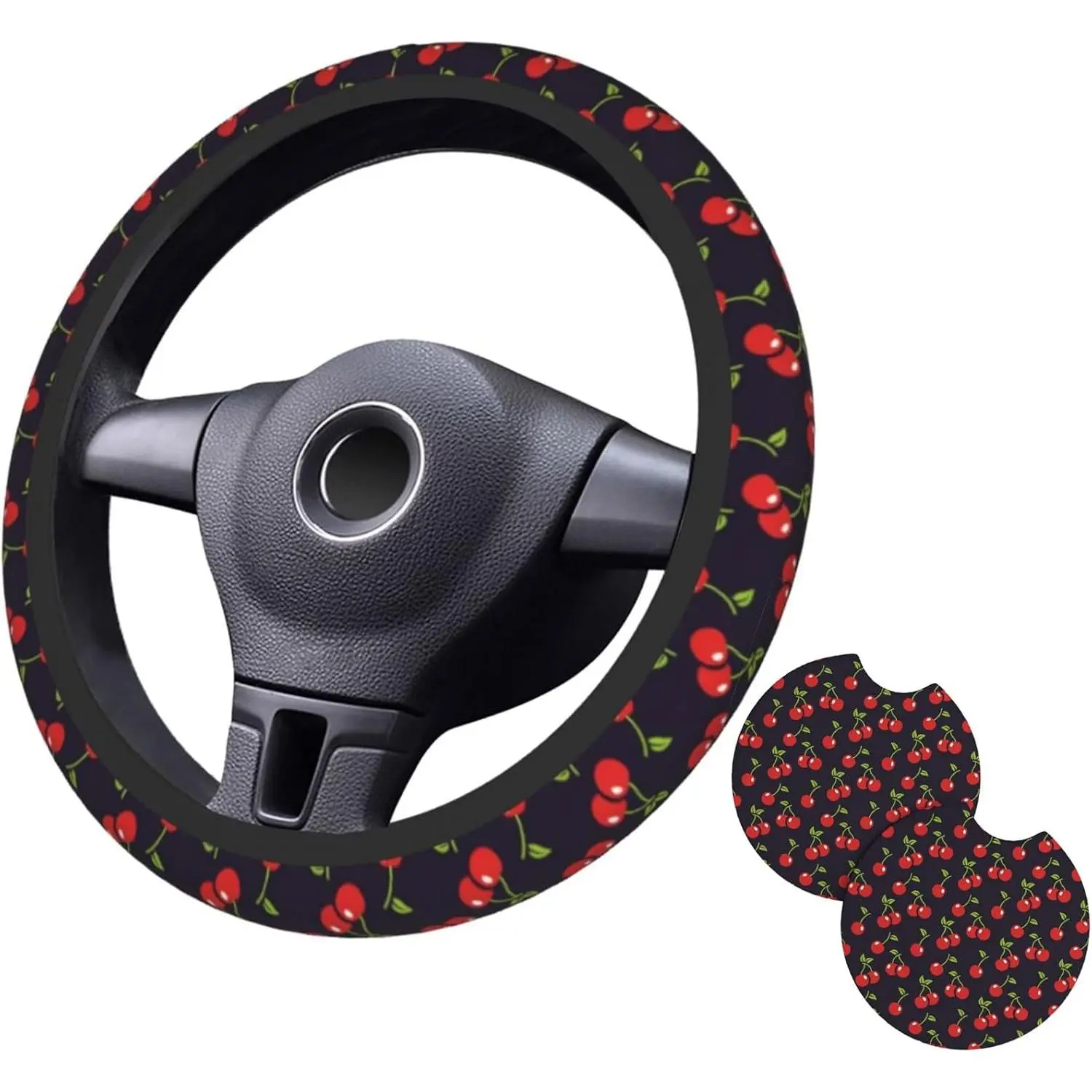 15-Inch Diameter Neoprene Anti-Slip Cherry Steering Wheel Cover with 2 Coasters, Bright & Cheerful Comfortable Automotive Interior Decoration Accessories for Ladies, Breathable, Easy to Carry (Ideal for Thanksgiving), Holidays