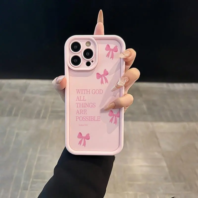 Pink Girl-Style Bow Dual-Layer TPU Polycarbonate Durable Shockproof Shock-Absorbent Protective Cellphone Case - Anti-Drop, Precise Cutouts, All-Inclusive Shell, Slogan Pattern, Raised Bezels for iPhone 1-17 Pro Max Air Plus Mobile Phone Accessories, Heavy