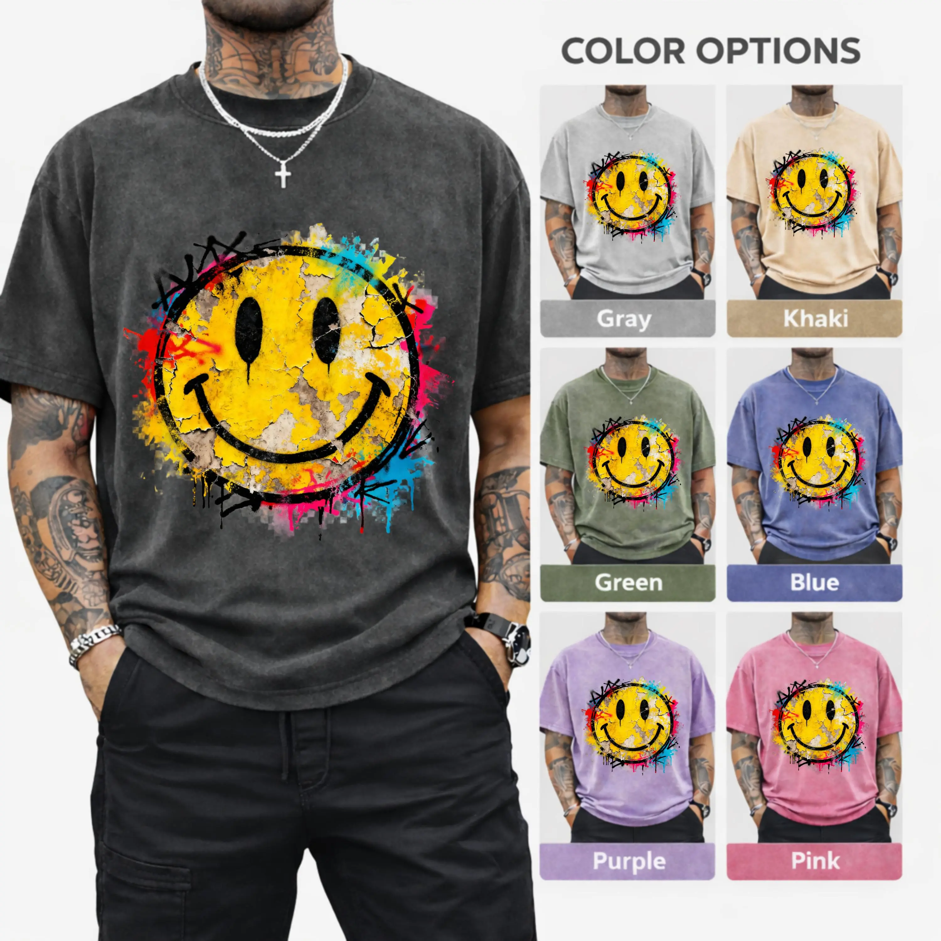 Oversized Men's Graphic Tees with Graffiti Smiley Face Print, Vintage Washed Cotton T Shirt, Gym Pump Cover, Top, Casual Graphic Top, Streetwear, Men's T Shirts, Tshirt, Oversized Graphic Tee