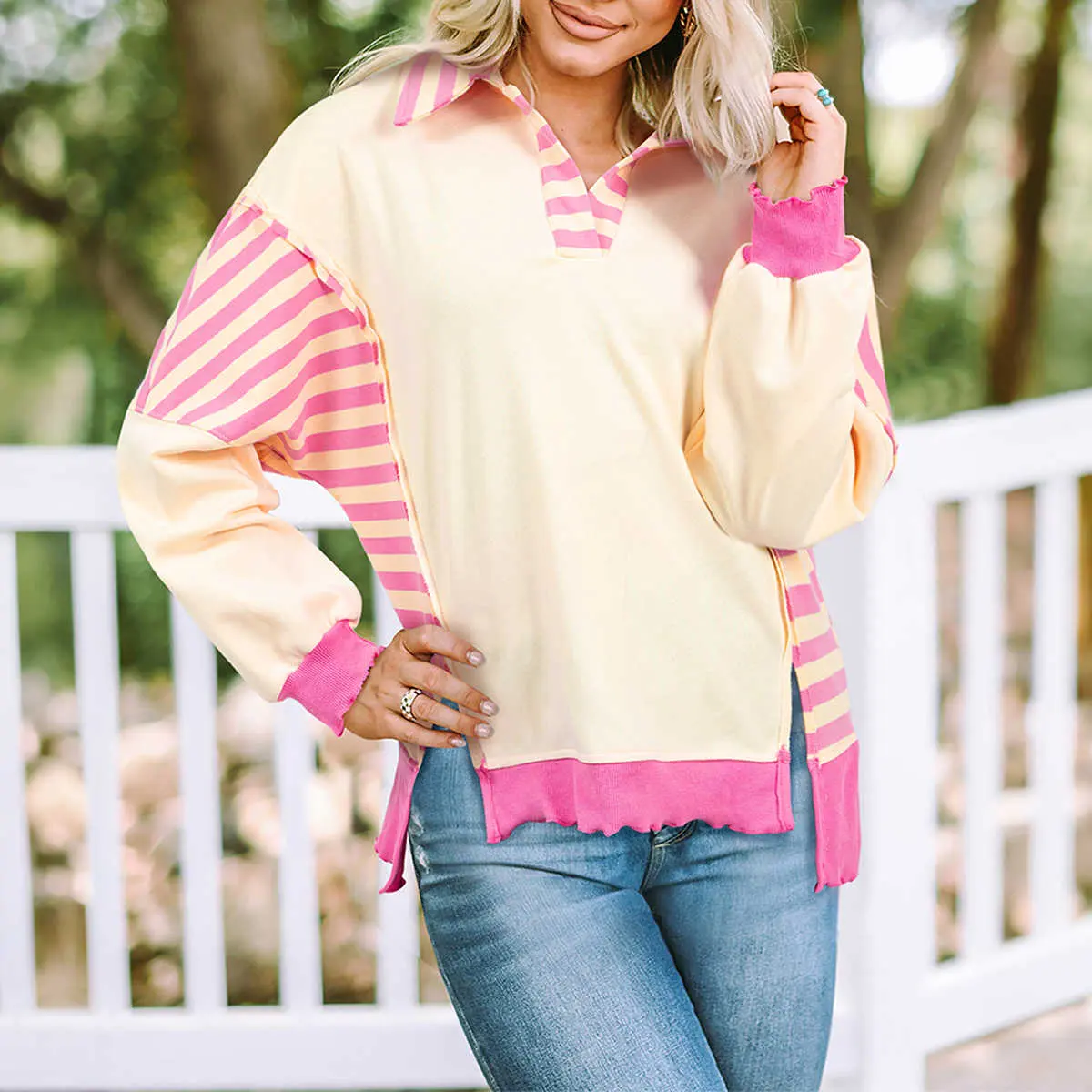 Pink Stripe Colorblock Patchwork Collared French Terry Knit Top - Soft & Warm Pullover with Polished Neckline