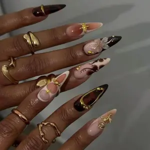 10-piece fake nails Autumn & Winter Retro Amber Metallic Long-Pointed Handmade Press-On Nails