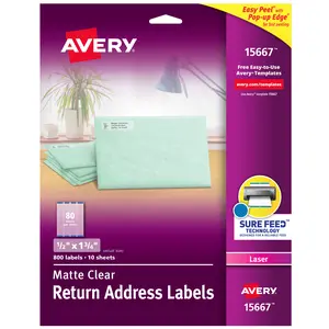 Avery Printable Return Address Labels with Sure Feed, 0.5" x 1.75", Matte Clear, 800 Blank Mailing Labels (15667)