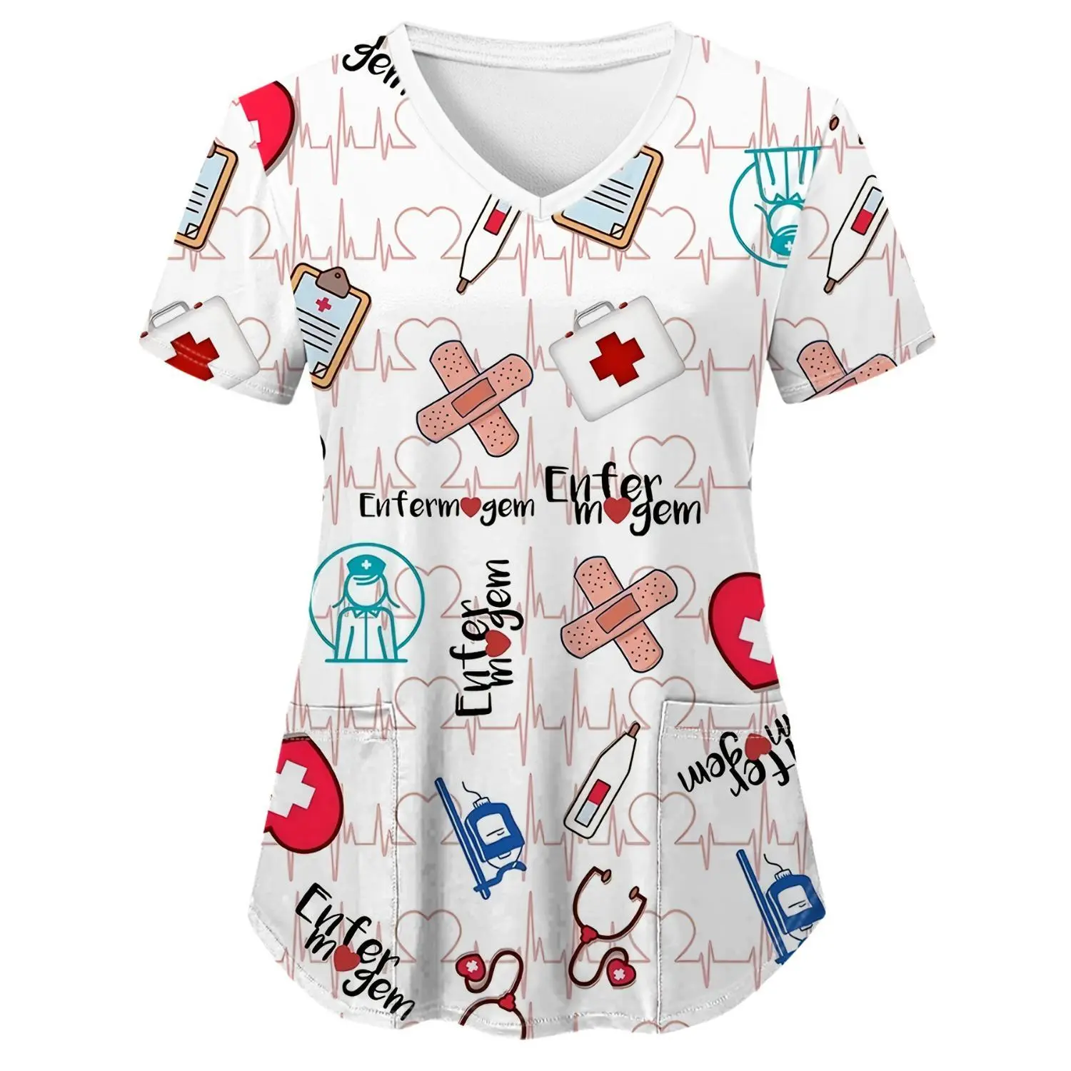 Plus Size Women's Scrubs V-Neck Short Sleeve Top 0XL-9XL - Stretch Uniform Shirt with Patch Pockets, Full-Body Doctor/Dentist Print, Ideal for Dental Offices, Clinics, Hospitals, Machine Washable Workwear