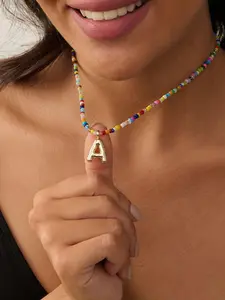 Women's Colorful Letter Necklace, Bubble Initial Pendant, Dopamine Handmade Beaded Necklace, Cute Bohemian Beach Style Jewelry Gift