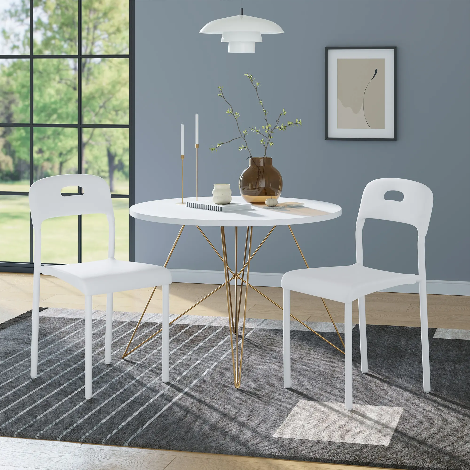 Set of 2 Injection Molded Dining Chairs – Stackable White Plastic Chairs with Padded Seat, 250 Lbs Capacity, Modern Design for Kitchen, Indoor/Outdoor Use