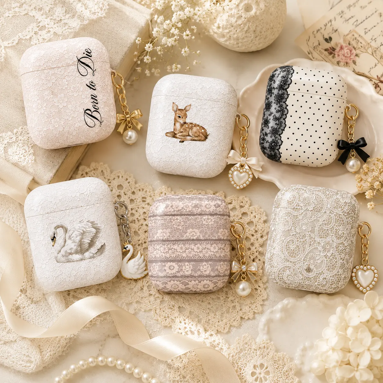 NO KEYCHAIN – Coquette Lace AirPods Case, Vintage Floral AirPods Cover, Deer Swan Polka Dot Cottagecore Earbuds Case, Romantic Aesthetic Gift for AirPods Pro Gen 1 2 3 4
