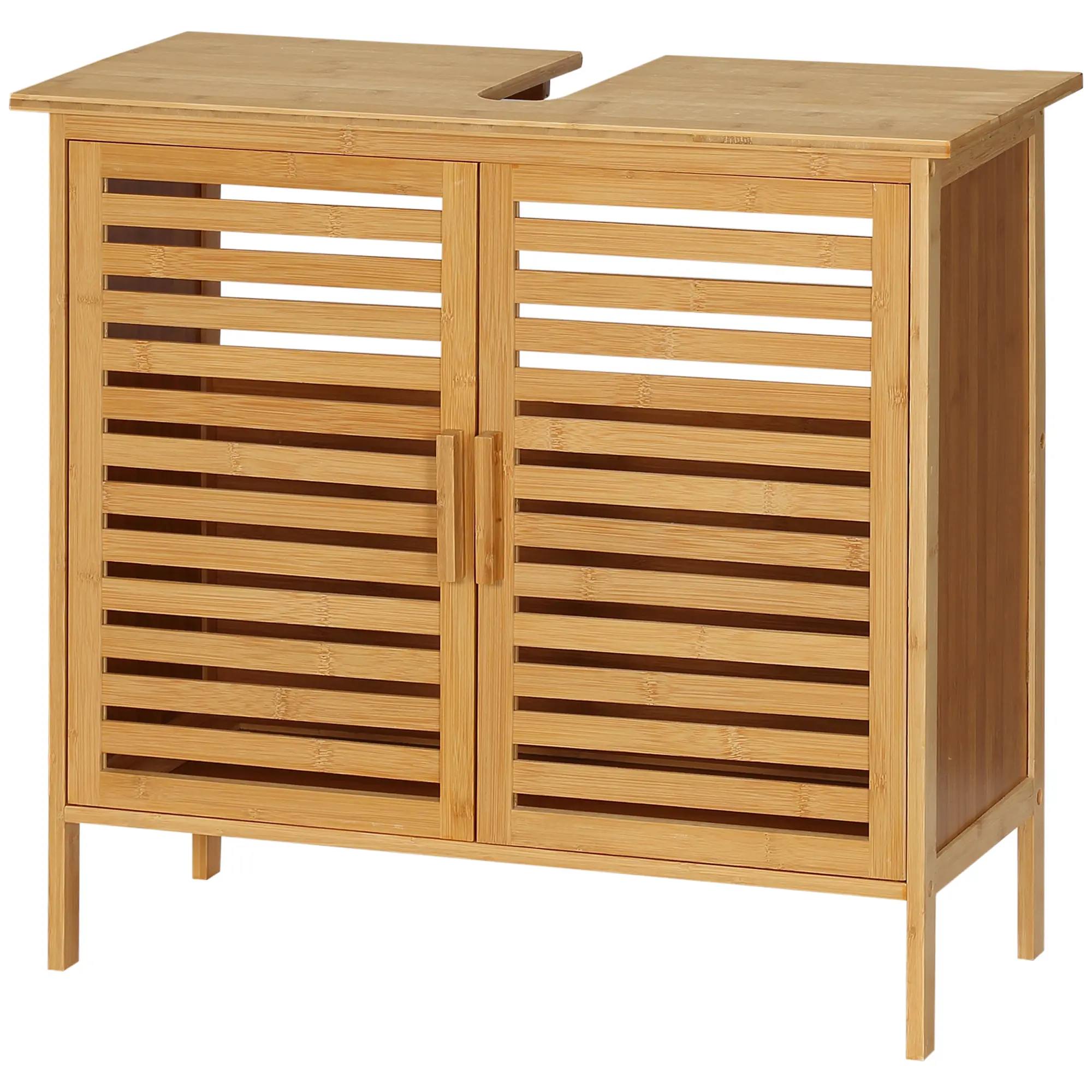 Freestanding Bathroom Sink Cabinet, Bamboo Under Sink Cabinet Cupboard Organizer with 2 Slatted Doors, Natural