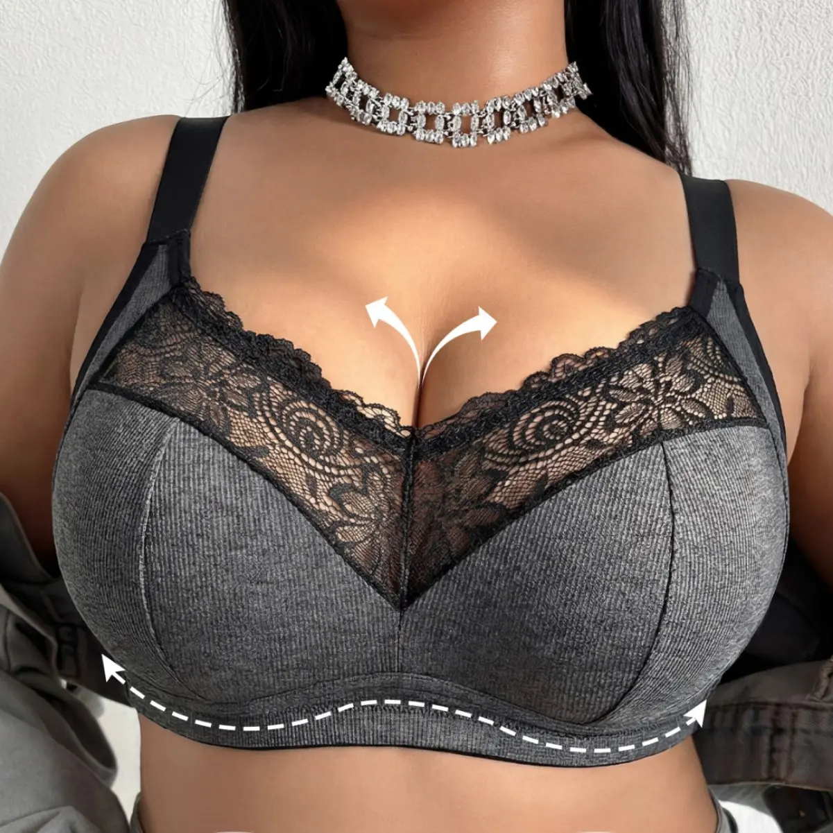 Women's Plus-Size Lace Bra, Elegant Wireless Lingerie with Unpadded Thin Cups, Breathable Elastic Fabric for Everyday Wear, Minimalist, Hand Wash, V-Neck, All Seasons, Bohemian, Fit, Stretchy, Basic