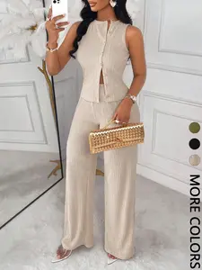 Women's Elegant Business Style Two-Piece Set, Sleeveless Top & Straight Leg Pants, Summer Commute, New Arrival