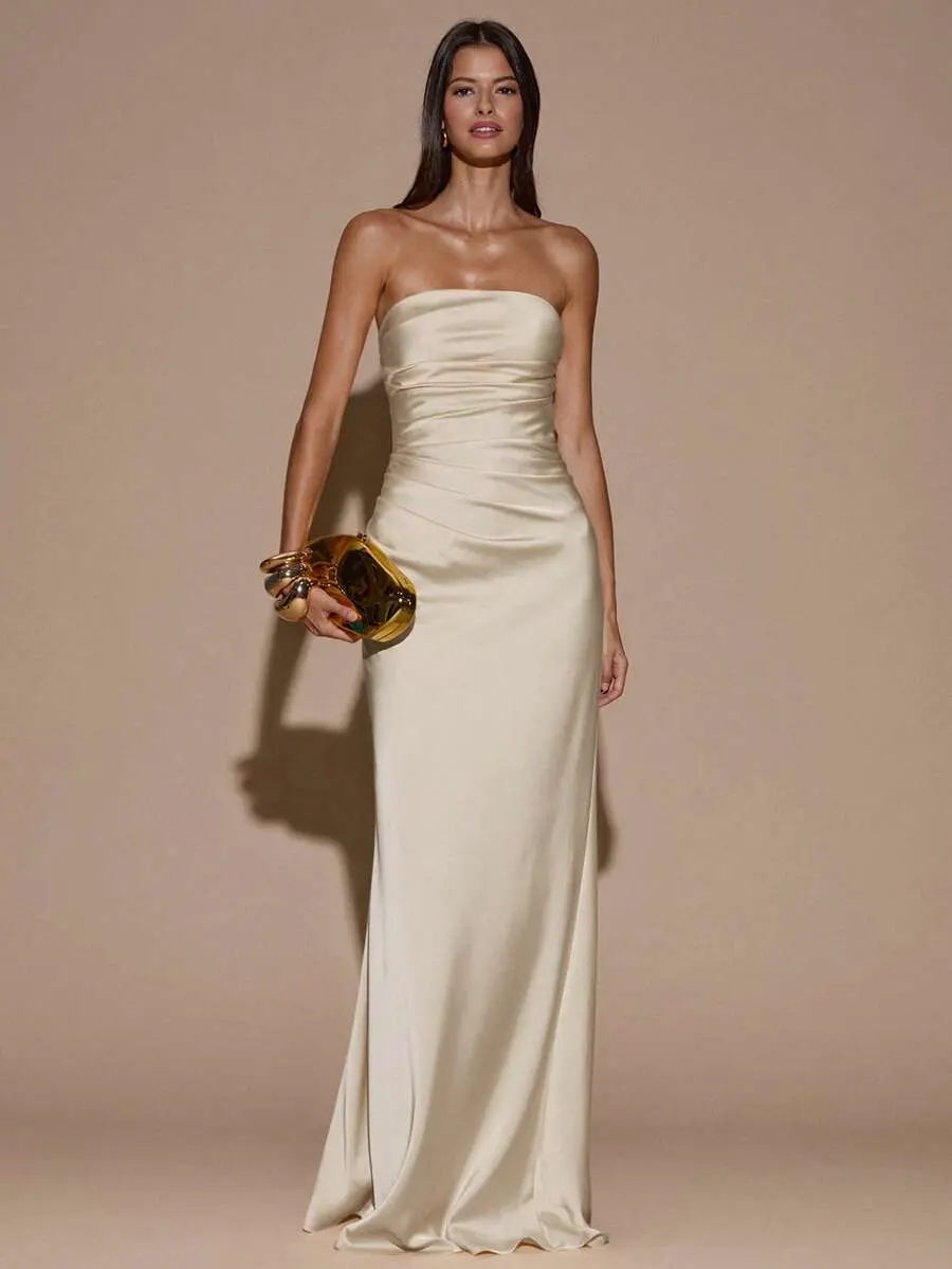 Women's Elegant Cream Satin Mermaid Dress, Backless Ruched Strapless Long Gown For Summer Dining,Parties,Cocktail,Prom,Formal Occasion&Bridesmaid