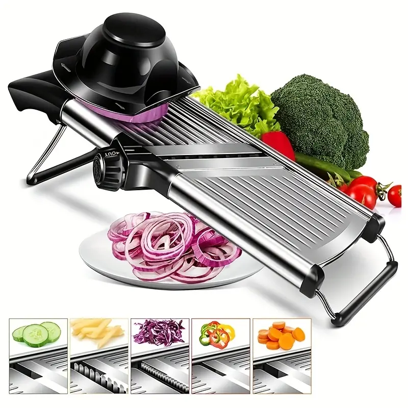 Stainless Steel Adjustable Mandoline Slicer - 1 Set with 5 Metal Blades, Professional Grater for Onion, Potato, Kitchen Accessories Utensils for Cutting Salad, Five Blades