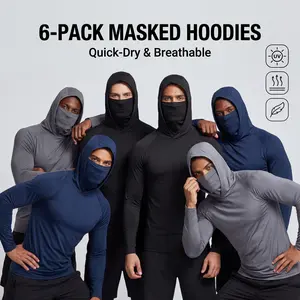 6 Pack Men's Tactical Ninja Hoodie with Built-in Mask - Lightweight Breathable Long Sleeve Riding Shirts for Motorcycle & Workout