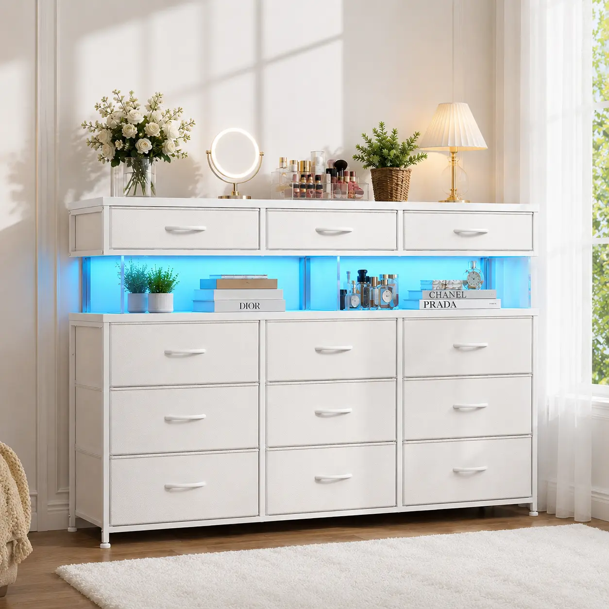 Raybee White Dresser for Bedroom with Charging Station & LED Lights 12 Fabric Drawers Storage Organizer 10mm Acrylic Sheet Stylish Space-Saving Design