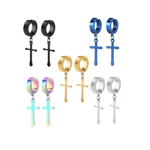 5 pairs of stainless steel cross earrings set for men and women, men's dangling hinge earrings, cross drop earrings