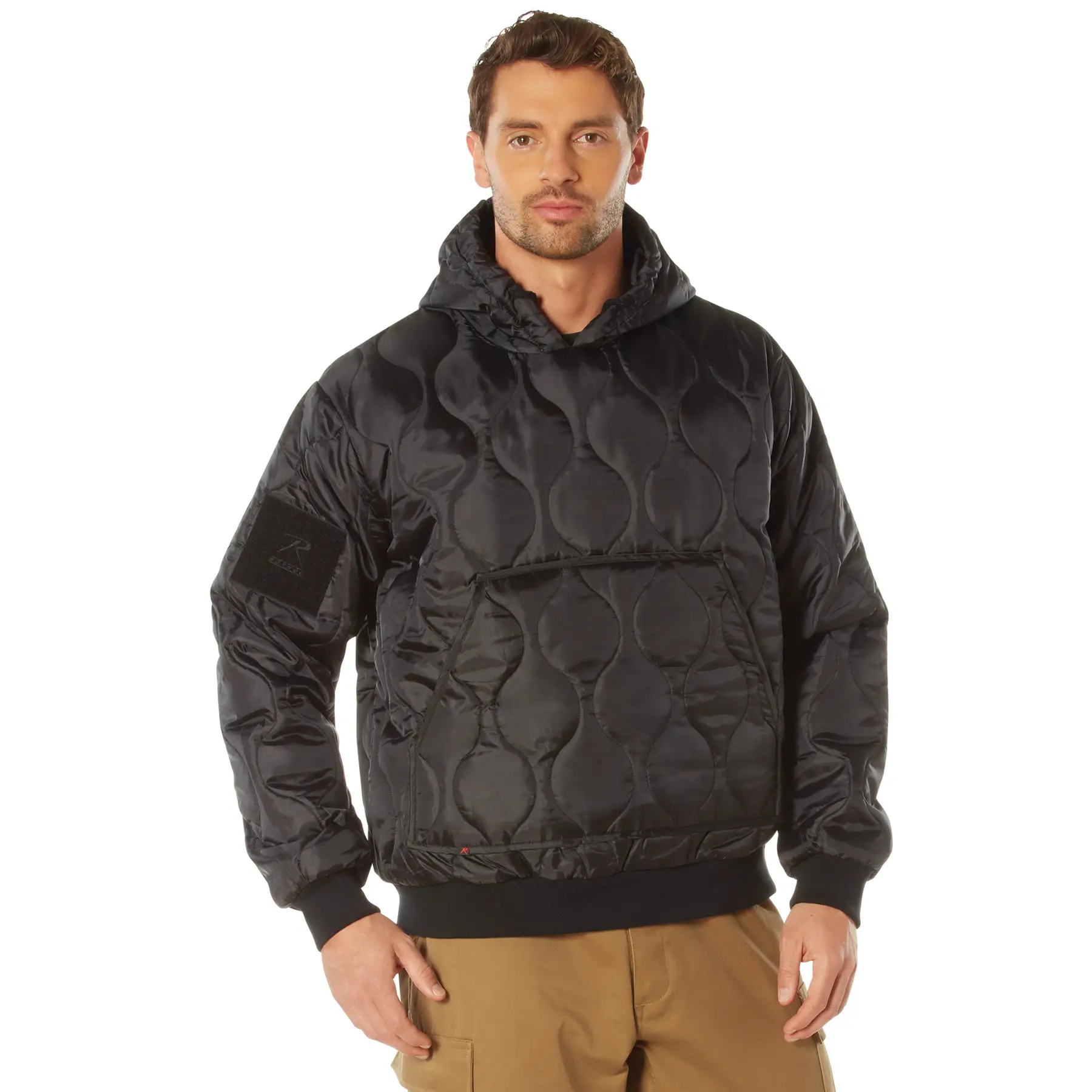 Quilted Woobie Hoodie Lightweight Insulated Hooded Sweatshirt 6oz Quilted Warmth Kangaroo Pocket Loop Patch Panel Ribbed Cuffs Soft Cozy Jacket Level Comfort
