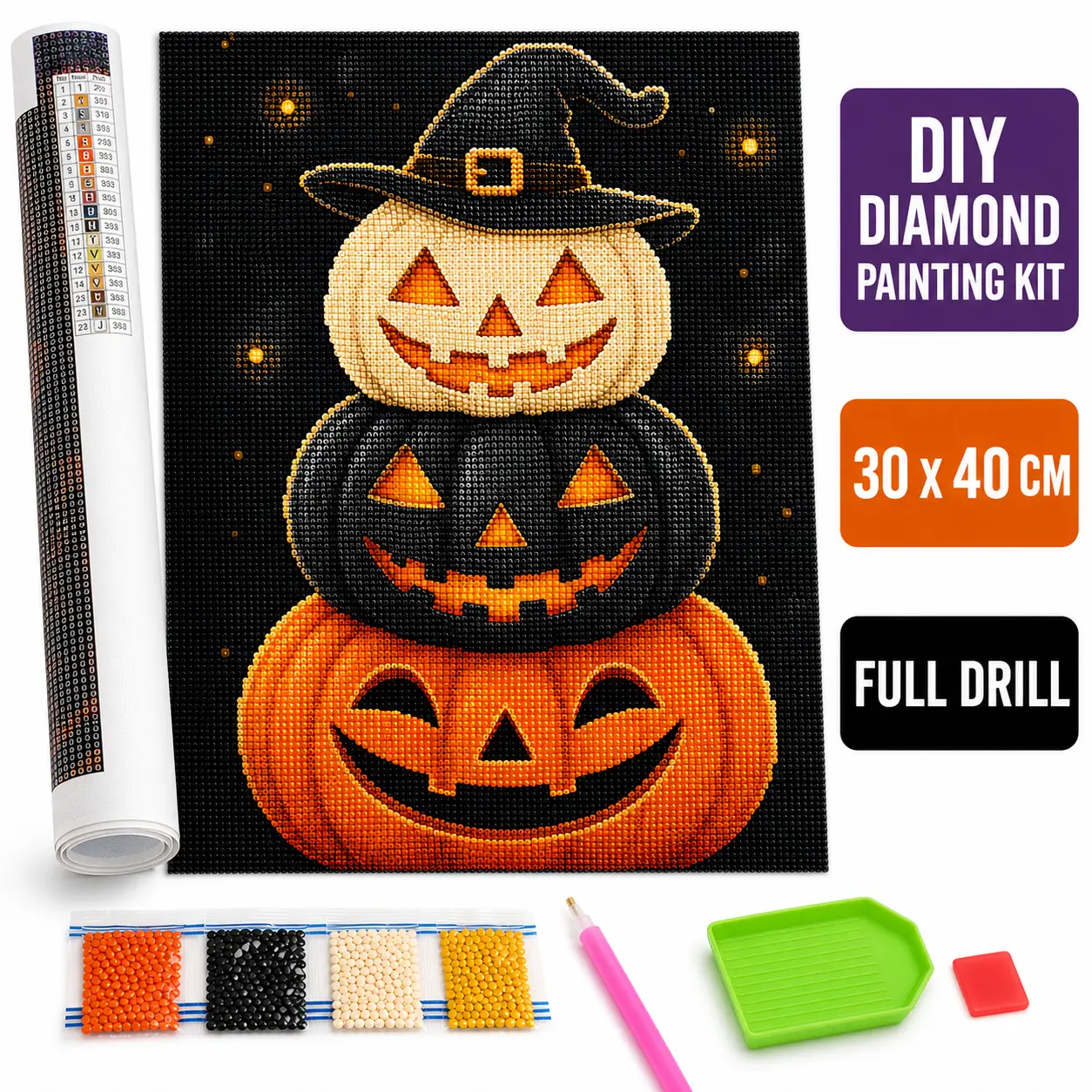 Halloween Full Drill Round Diamond Painting Kit - Stacked Jack O' Lantern Pumpkin Design, 30x40 cm Diamond Art for Adults, Office & Art Supplies