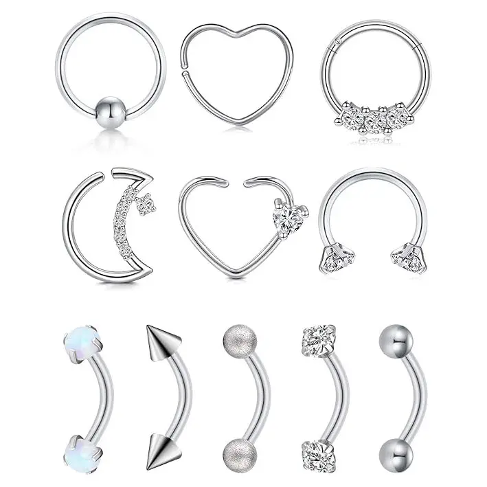 Women's 16G 3mm Hypoallergenic Allergy Free Stainless Steel Heart-Moon Curved Barbell Body Jewelry - Eyebrow Ring for Rook, Daith, Tragus Piercings, Anniversary Gift Accessory