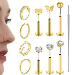 20G 18G 16G Flat Back Stud Applicator + Insertion Tool for Nose Studs Cartilage Earrings Labret Piercing Gold Plated Stainless Steel 6mm 8mm 10mm