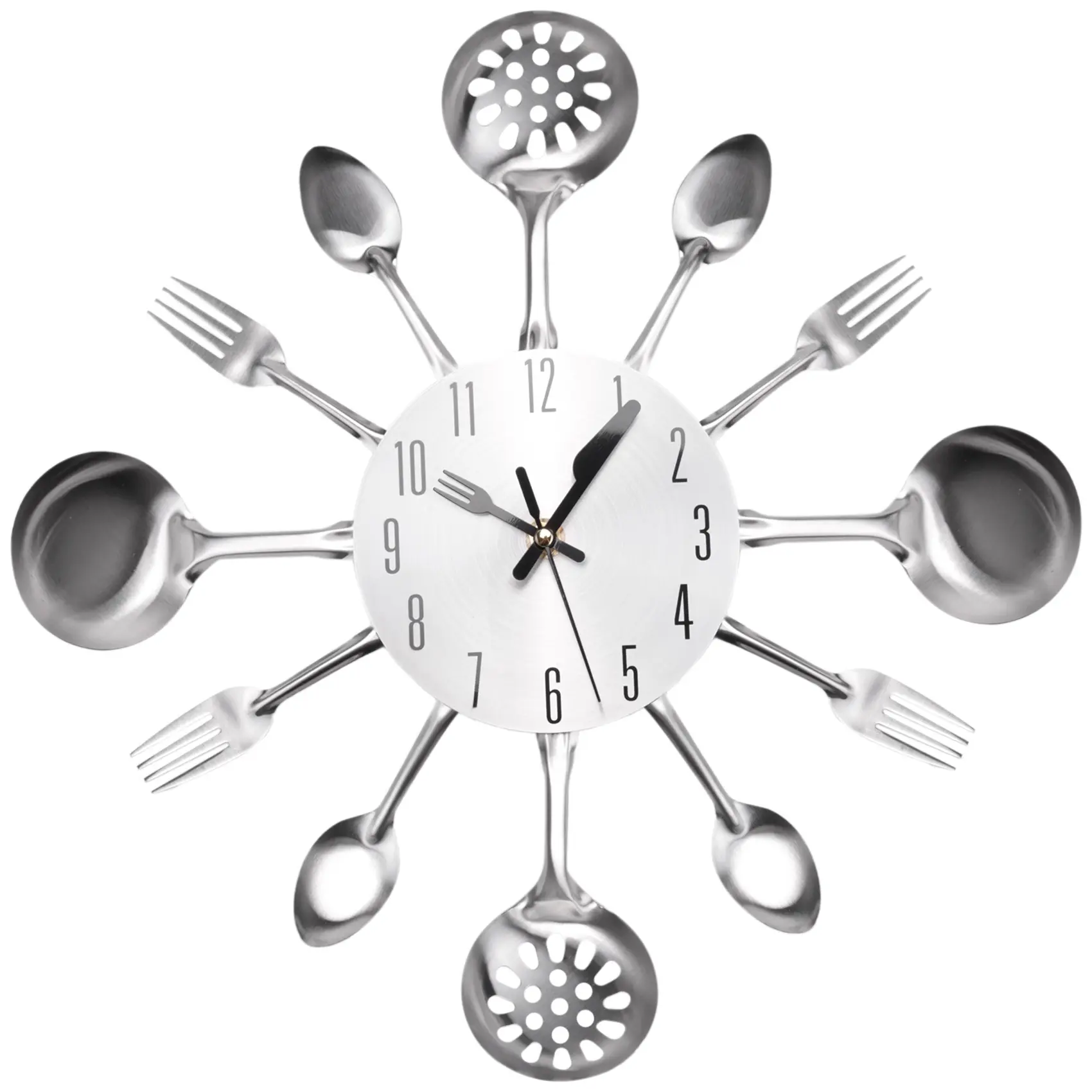 14-Inch Stainless Steel Modern Round Silent Wall Clock - 3D Fork & Spoon Metal Design, Accurate Non-Ticking Quartz Tool Organizer with Racks & Bars, Home Kitchen Decor Accent Piece (Battery-Powered), Home Decor