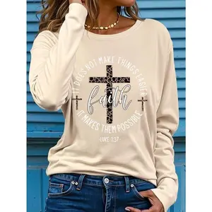 Long Sleeve Inspirational Faith Quote Polyester Sweatshirt For Women - Casual Crew Neck Slight Stretch Knit Fabric Pullover For