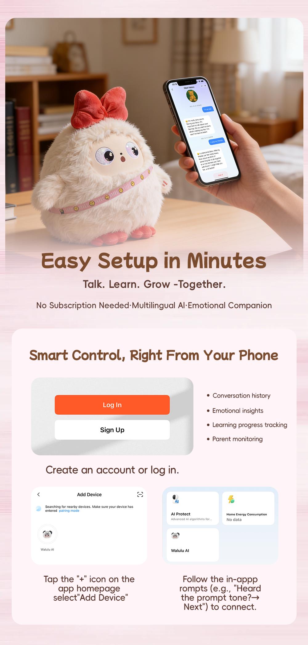 【Offical Authentic】playzuu AI Smart Plush Toy with ChatGPT - Multilingual Emotional AI Companion Plush Toy, Interactive Learning Assistant & Memory Trainer for Kids, Parental Control App with Chat Summary