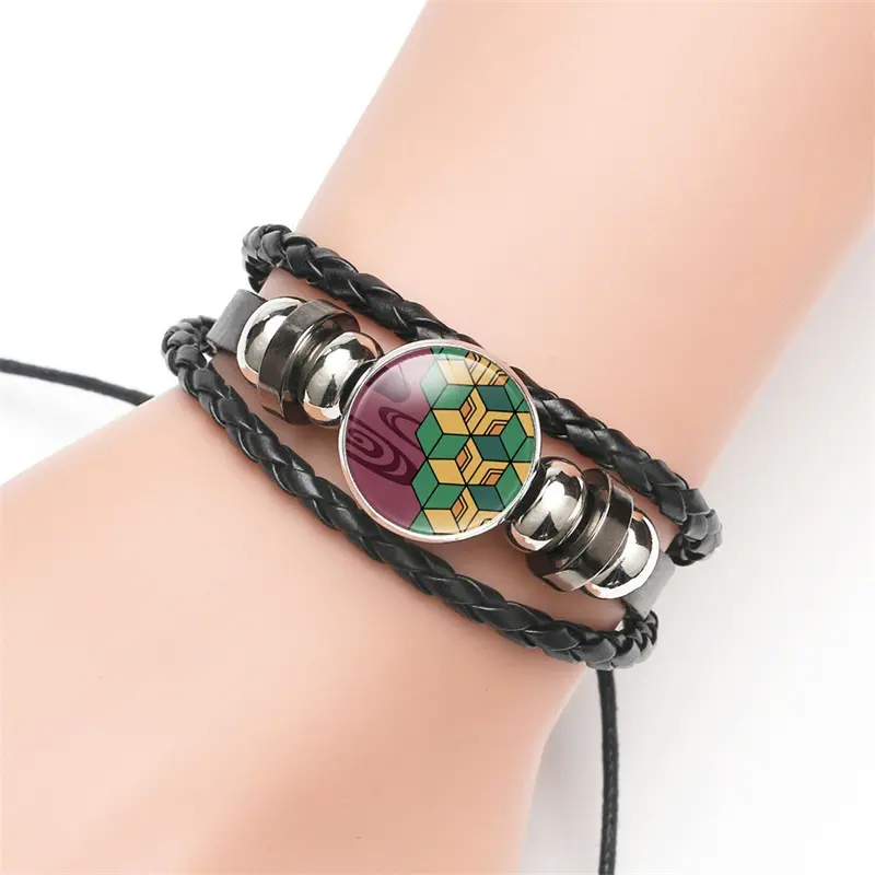 Demon Slayer Handmade Cowhide Woven Leather Bracelet, Handmade Cuff Bracelets, Trendy Fashionable Accessories, Anime Costume Jewelry, Cuff Bangles Bracelets, Woven Look