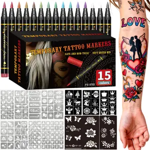 Temporary Tattoo Markers for Skin, 10/15-Count Body Markers 10/15-Color Tattoo Pens, Flexible Brush Tip, Bright Colors, Cosmetic Quality Face Paint Kit, Perfect Christmas Gifts