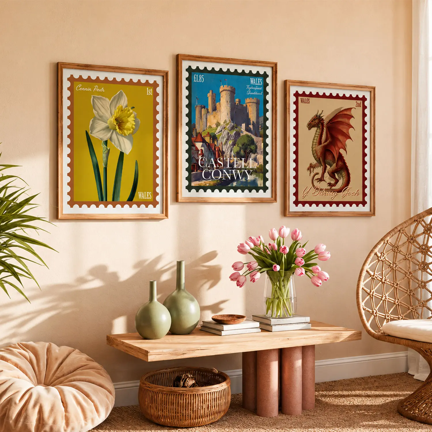 Wales Stamp Poster Set, Conwy Castle Print, Welsh Dragon Artwork, Daffodil Flower Wall Decor, Vintage Wales Travel Decor, Celtic Home Gift