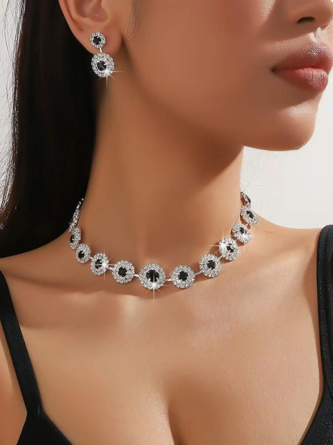 3-piece bridal jewelry set, fashionable, elegant, luxurious, wedding party women's accessories, geometric circular rhinestone necklace, earring set, accessories, Matching Jewelry Set