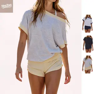 YeeZaa 2 Piece Short Sets Dolman Sets Colorblock Off Shoulder Top Fold Over Shorts Set Summer Lounge Two Piece Outfits Relaxed Oversized Tee (95% cotton, 5% spandex) Stretch Low‑Rise Fitted Mini Shorts 2026 SummerVibes summerwins