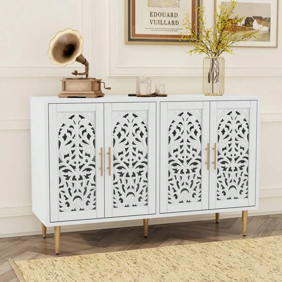 47.8" L x 15.5" W x 31.8" H Sturdy Wood French Country Accent Cabinet, 4-Door Vintage Hollow Carving Buffet with 2-Tier Shelves, Storage Credenza for Living Room, Kitchen, 2 Tier Shelve