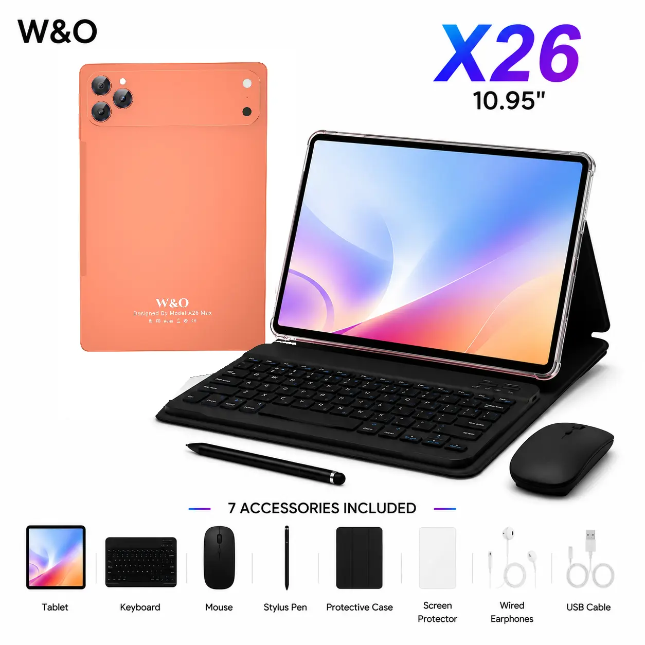 【TikTokShopBackToSchool】W&O X26 Max Android Tablet - 12GB RAM+256GB ROM, Android 15, Octa-Core CPU, 20MP Rear-8MP Front Cameras, Dual-Band WiFi, USB-C Port, Charging Support, Expandable Storage, Portable for Work & Back-to-School Bundle Package