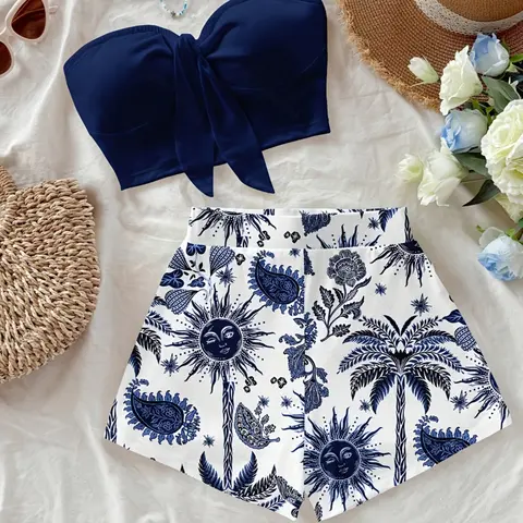 Women's Tropical Island Vacation Coconut Tree, Sun God & Print 2-Piece Set, Perfect for Holiday, Fashionable Wear, Slim-Fitting Crop Tops