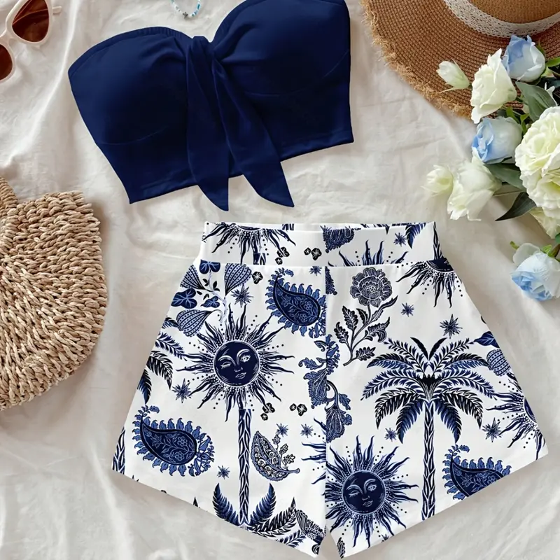Women's Tropical Island Vacation Coconut Tree, Sun God & Print 2-Piece Set, Perfect for Holiday, Fashionable Wear, Slim-Fitting Crop Tops