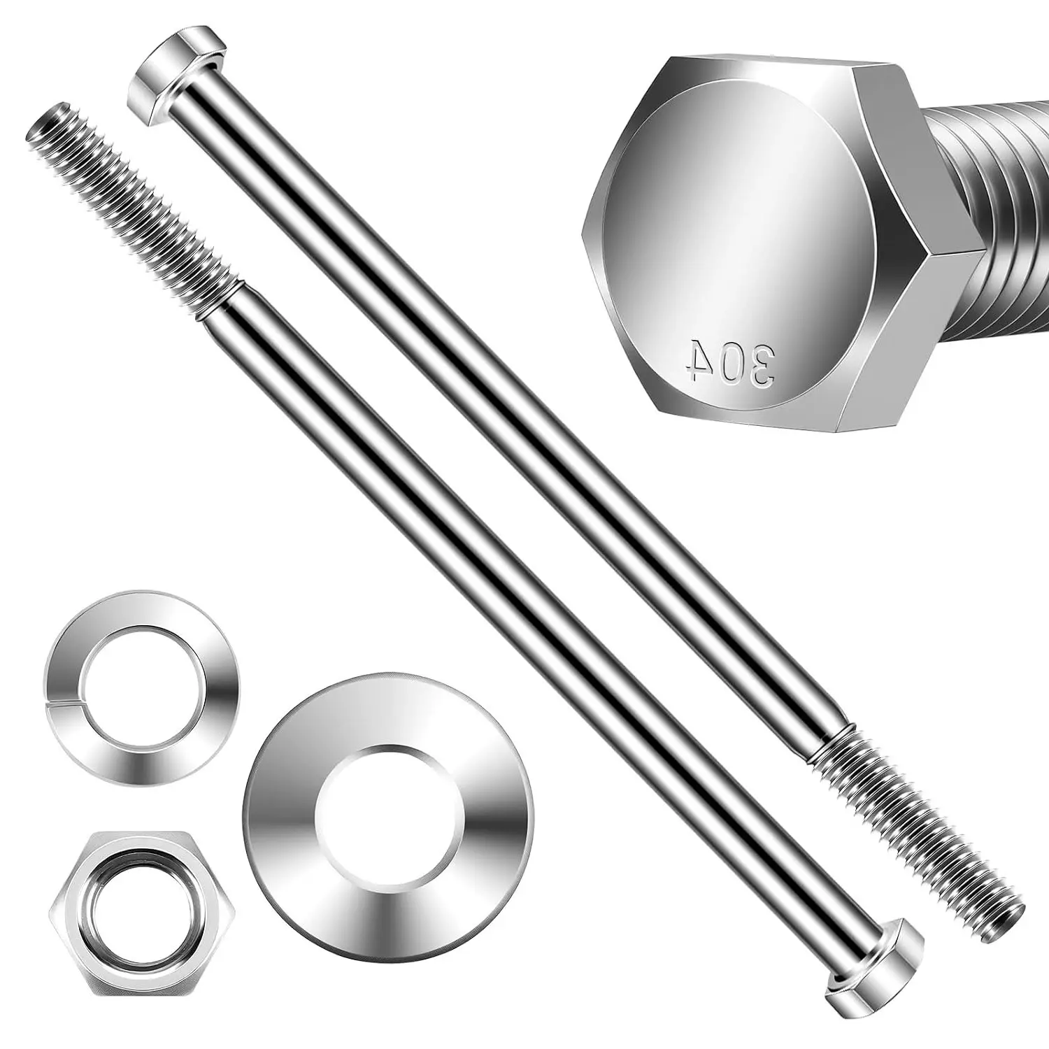 3/8-16 x 7 Hex Head Bolts with Hex Nuts and Thick Flat & Lock Washers, Partially Threaded, Stainless Steel 18-8, Plain Finish, 4 Sets