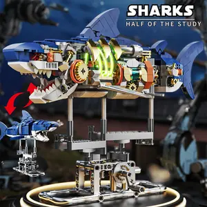 Building Block Set - Shark Marine Creatures, Building Block Toys with Display Stand and Light, Suitable for Building Block Enthusiasts, 687 Pieces
