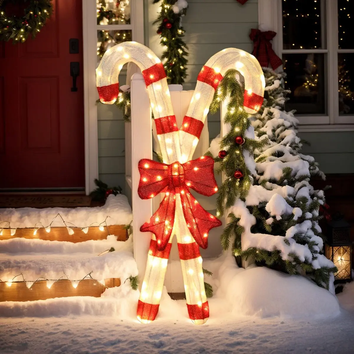 Ubesgoo 33 inch Lighted Candy Cane and Red Bowknot Christmas Decorations, Pre-lit 2D Holiday Decor with 100 Warm White LED Lights for Xmas Outdoor Indoor Decor Lighted Holiday Displays