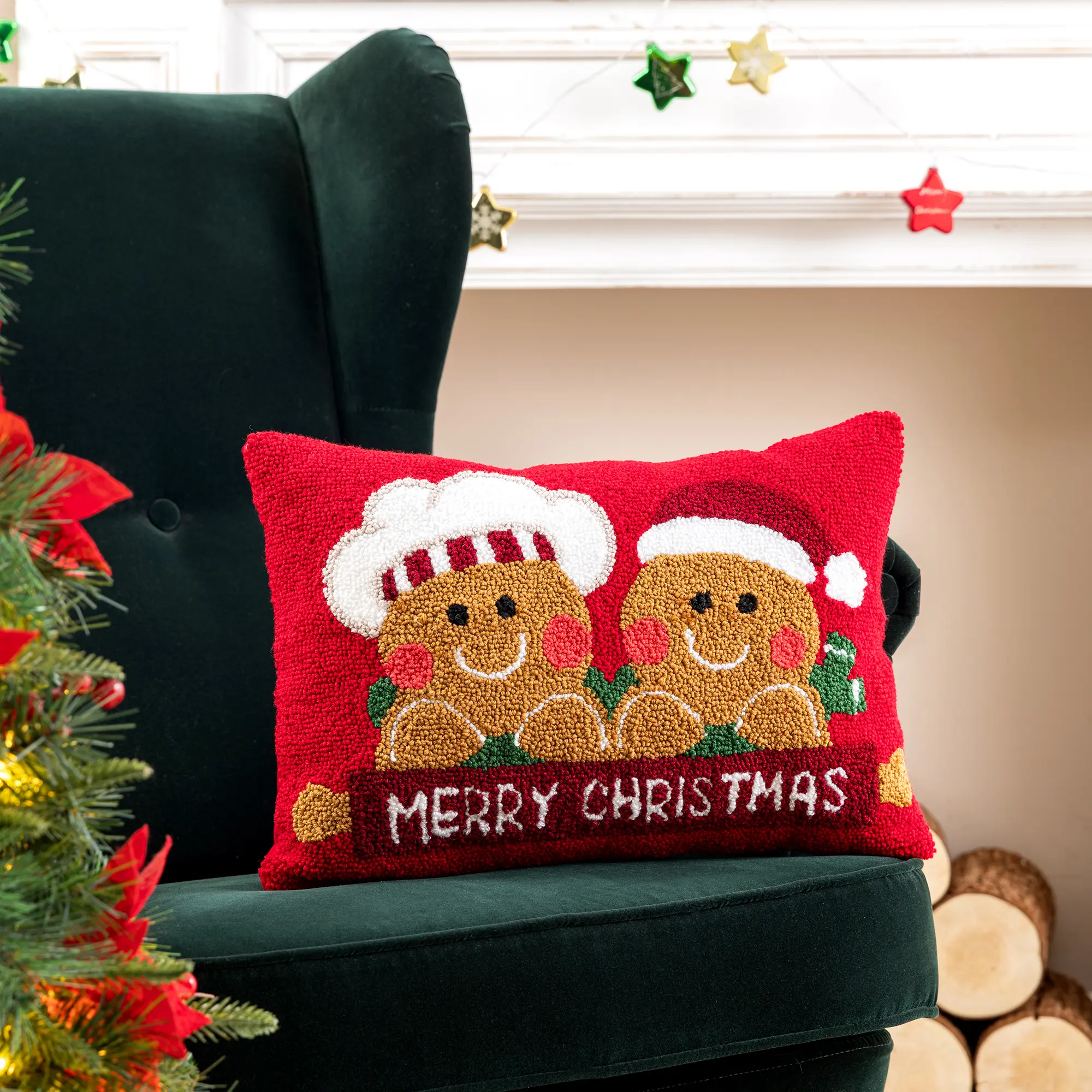 Glitzhome 18"L Hooked Gingerbread Boy & Girl Pillow