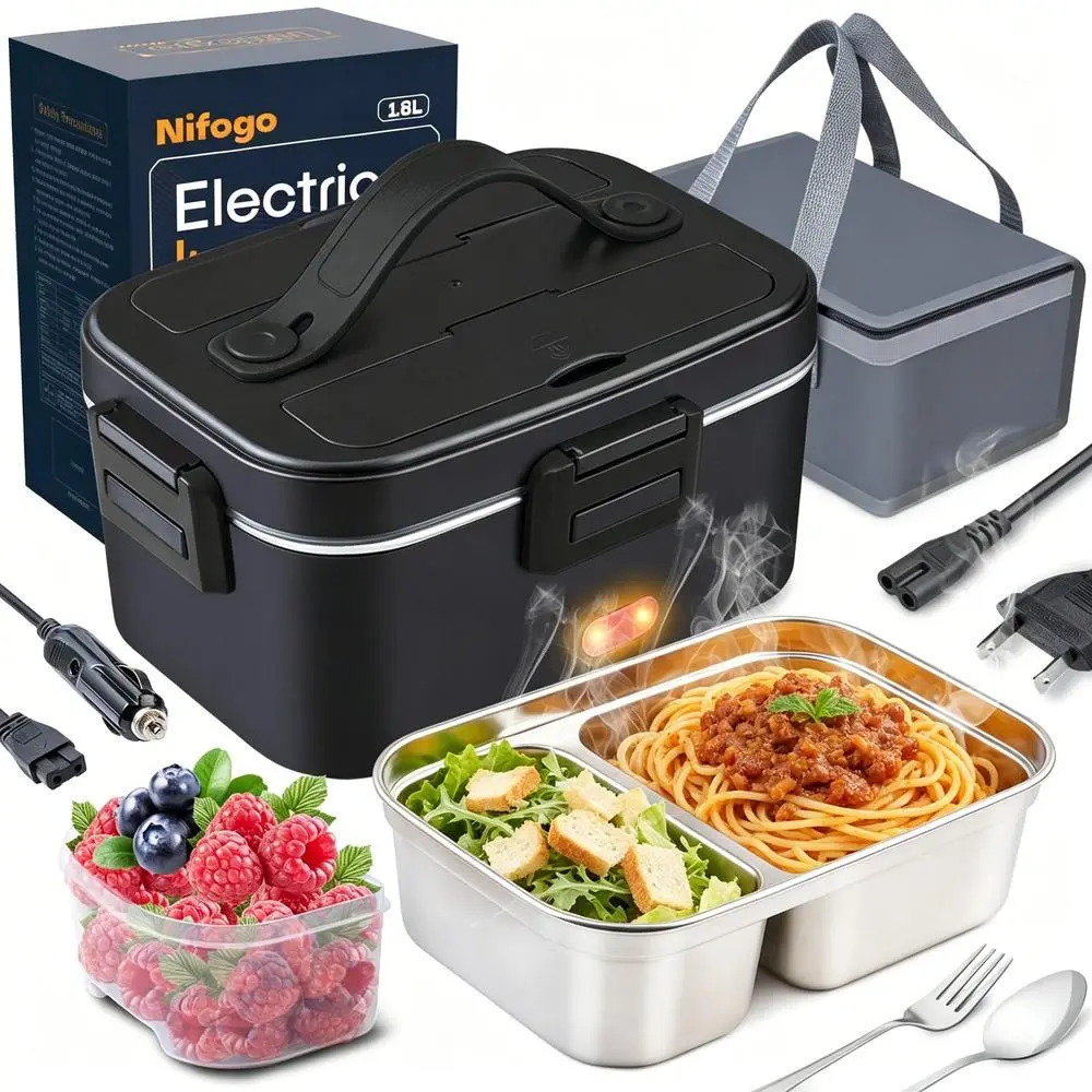 100W Power Electric Lunch Box Food Warmer - 1.8L Portable Heated Container for Construction Workers - 12V/24V Car, 110V Office Use Home Supplies Organizer