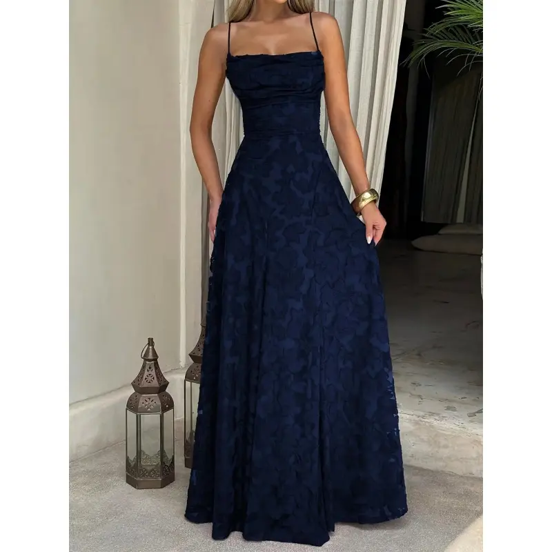 SYHAN 2026 Latest Lady's French Elegant High-Waisted Strapless Backless A-Line Polyester Sleeveless Maxi Dress, Spaghetti Strap Lace Formal Clothes for Weddings, Proms, Machine Washable Evening Gown LD11562407