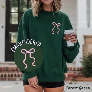 Embroidered Coquette Ribbon Bow Crewneck Sweatshirt, Pink Bow Embroidered Sweatshirt, Girly Embroidery Bow Shirt, Embroidered Gifts for Her C6