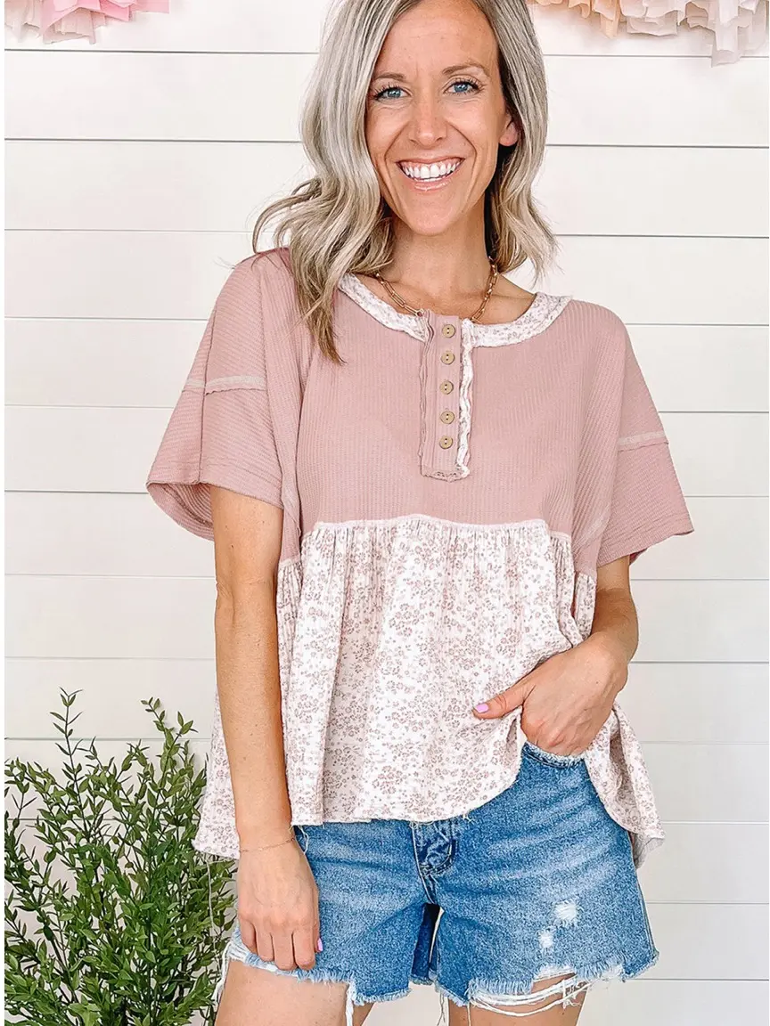 Pink Waffle Floral Patchwork Exposed Seam Short Sleeve Top