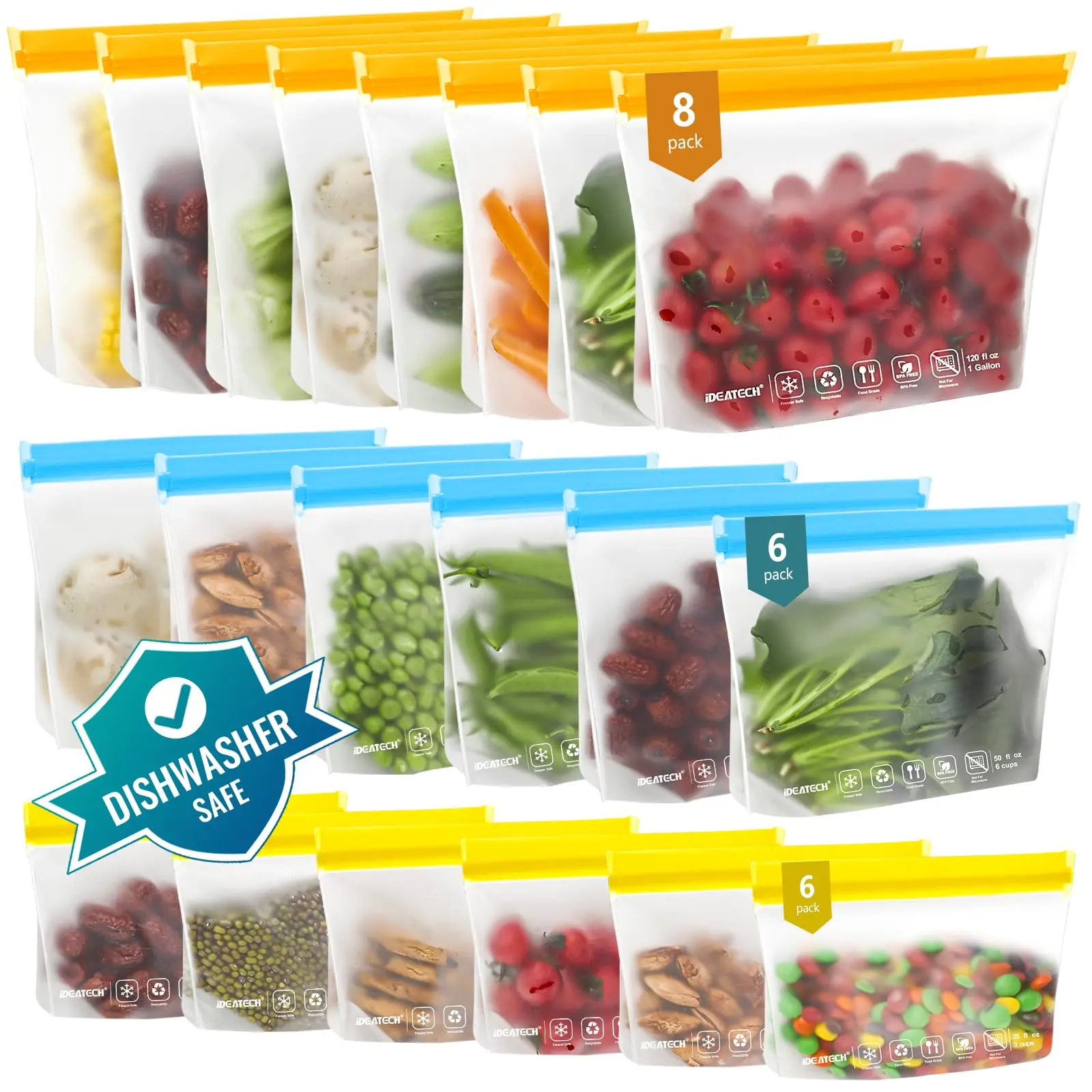 20Pack Dishwasher Safe Reusable Bags Silicone, Leakproof Reusable Freezer Bags, BPA Free Reusable Food Storage Bags Sandwich Bags Snack Bags for Lunch Travel(8 Gallon 6 Quart 6 Snack,Colored)
