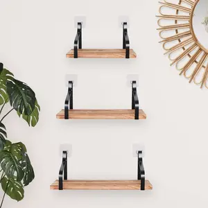 3 Pack Wood / Metal Floating Wall Shelves Wall Mounted Shelf Set Decor