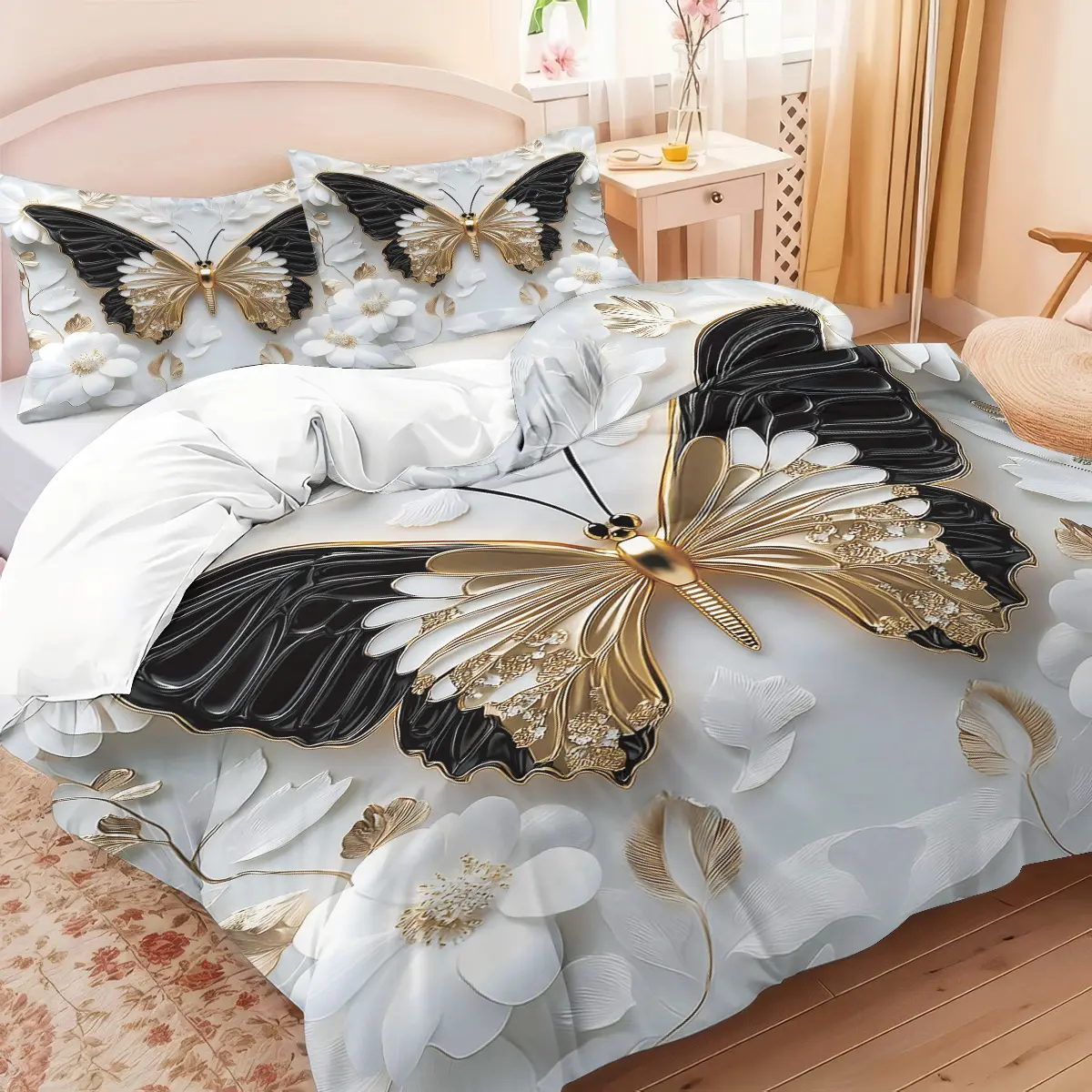 3-piece bedding set imitates three-dimensional floral bow pattern, including 1 quilt cover + 2 pillowcases, soft high-definition printed Cozy Bedding Set, Decorative Bedding Set, suitable for family dormitories, Bedroom Bedding Set