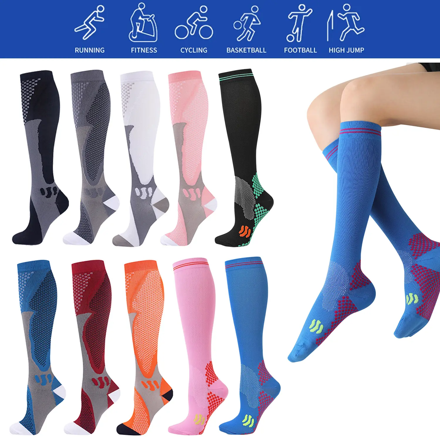 6 Pairs Knee-High Compression Socks for Men & Women 20-30mmHg Moisture-Wicking Sports Stockings,Perfect for Running, Jogging, Cycling & All-Season Athletic Performance