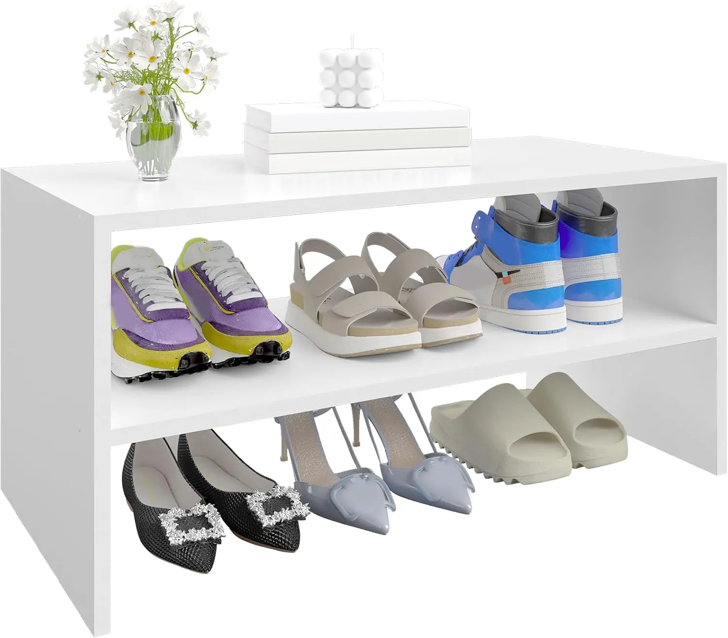 PrimeZone Shoe Rack for Closet - 2-Tier Stackable White Shoe Shelf for 6-12 Pairs, Freestanding Wooden Shoe Organizer, Small Storage Shoe Stand for Entryway, Closet, Dorm, Office, Small Space